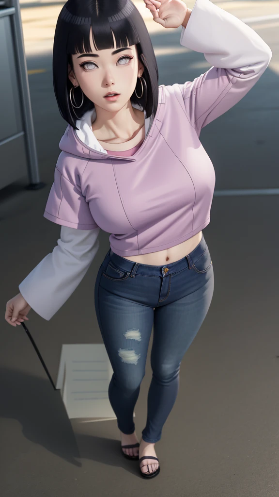 master part, absurdos, Hinata\(Boruto\), 1girl, sozinho,Mature female, Capuz roxo,mangas em camadas, brown pants, ao ar livre, Cloudy sky, perfect composition, circunstanciado lips, peito grande, beautiful face, body propotion, corar, (pink lips), cabelos pretos curtos, (black hair), lilac eyes, olhar suave, super realistic, circunstanciado, Photo Session, rosto e corpo realistas, Realistic hair, olhos realistas, nariz realista, realistic lips, brown pants, anime, andando sob as petalas de flores, lilac sneakers