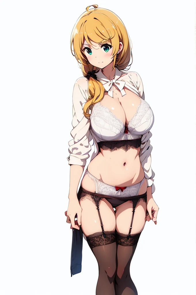 (((Shooting from a low angle below))), a girl in blouse and pleated skirt, showing her underwear, long stockings or pantyhose, (upskirt), camel toe, sexy underwear, medium breasts, spread legs, (very detailed), ((perfectly detailed face)), (detailed face), (detailed hand), (detailed hand), photorealistic image.