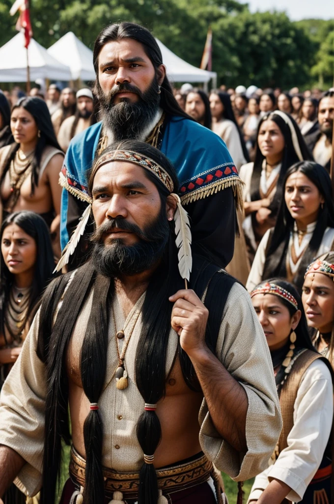 White man with a beard and long black hair and blue eyes tied to a post while indigenous people dance around him.