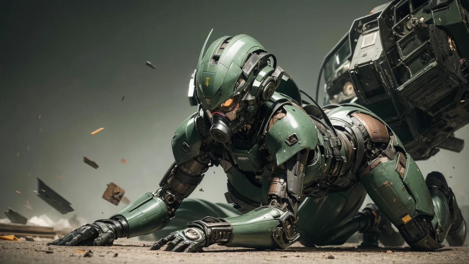 Textured skin, Super detailed, Attention to detail, high quality, 最high quality, High resolution, 1080P, hard disk, beautiful,(bare hands),beautiful cyborg middle aged woman,Mecha Cyborg Girl,(Dark green armor)((Major damage)),Woman with a mechanical body、She is wearing a futuristic combat weapon mecha,Full Body Shot、Soot on the face、Bitter Expressions、it hurts、A lot of sweat on the face、cute、gas mask、Lying on the ground、(Very cracked outfit)(Smoke from the whole body)、is visible、Full of body slander.、My whole body was injured.、Smoke comes from the whole body、Spread your legs、Collapse(Headgear split in half)、(Fall face down on the ground) (Debris scatters all over the place)