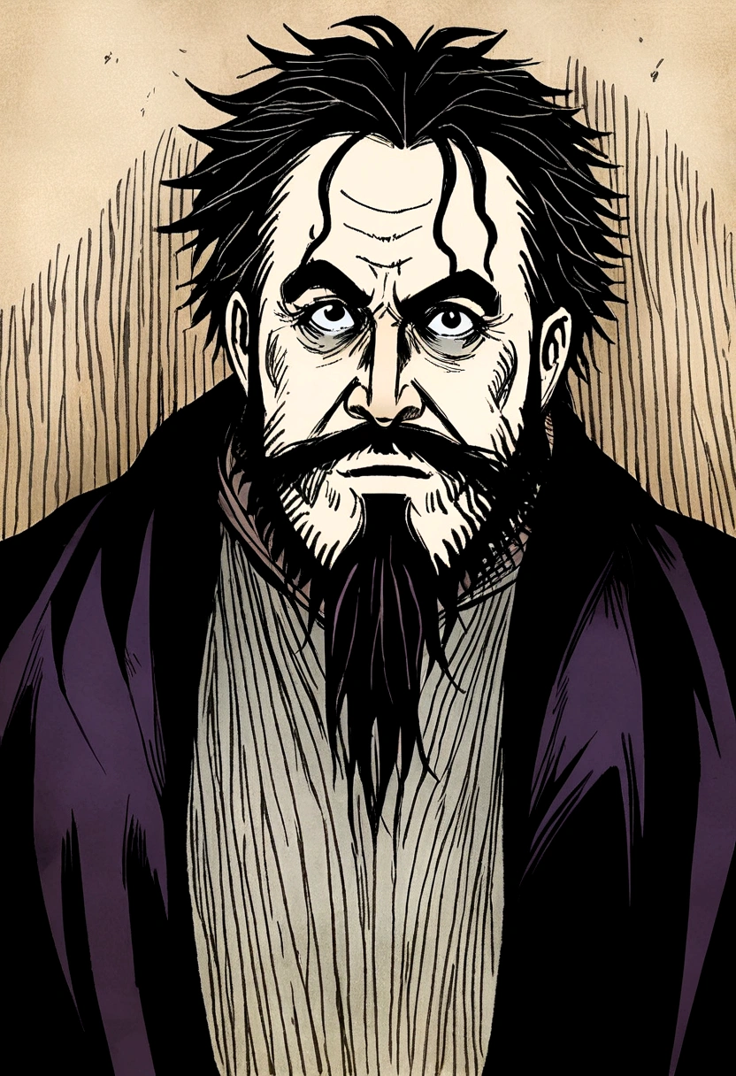 middle aged man, stark, baldie, full beard, art style drawing gothic tim burton, portraite
