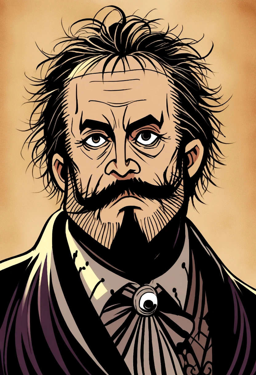 middle aged man, stark, baldie, full beard, art style drawing gothic tim burton, portraite