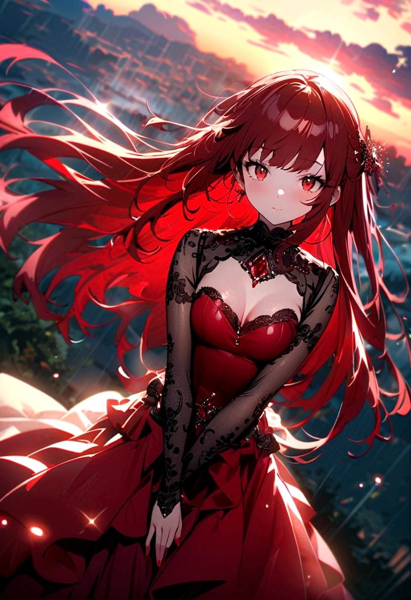 Beautiful Eyes、Blood red long hair，,Beautiful sky, Beautiful Clouds, Rain of blood，Ruby,sunlight、The light and shadow are beautiful、Exquisite expression of light、 (Crystal clear 雨 sparkles in the sky), masterpiece,High resolution,Wide-angle leny Hero Academia、Himiko Toga