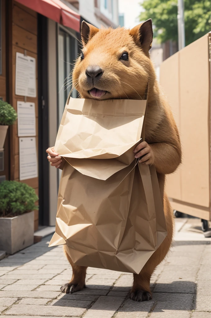 Drawing of a capybara with a paper bag in his hand