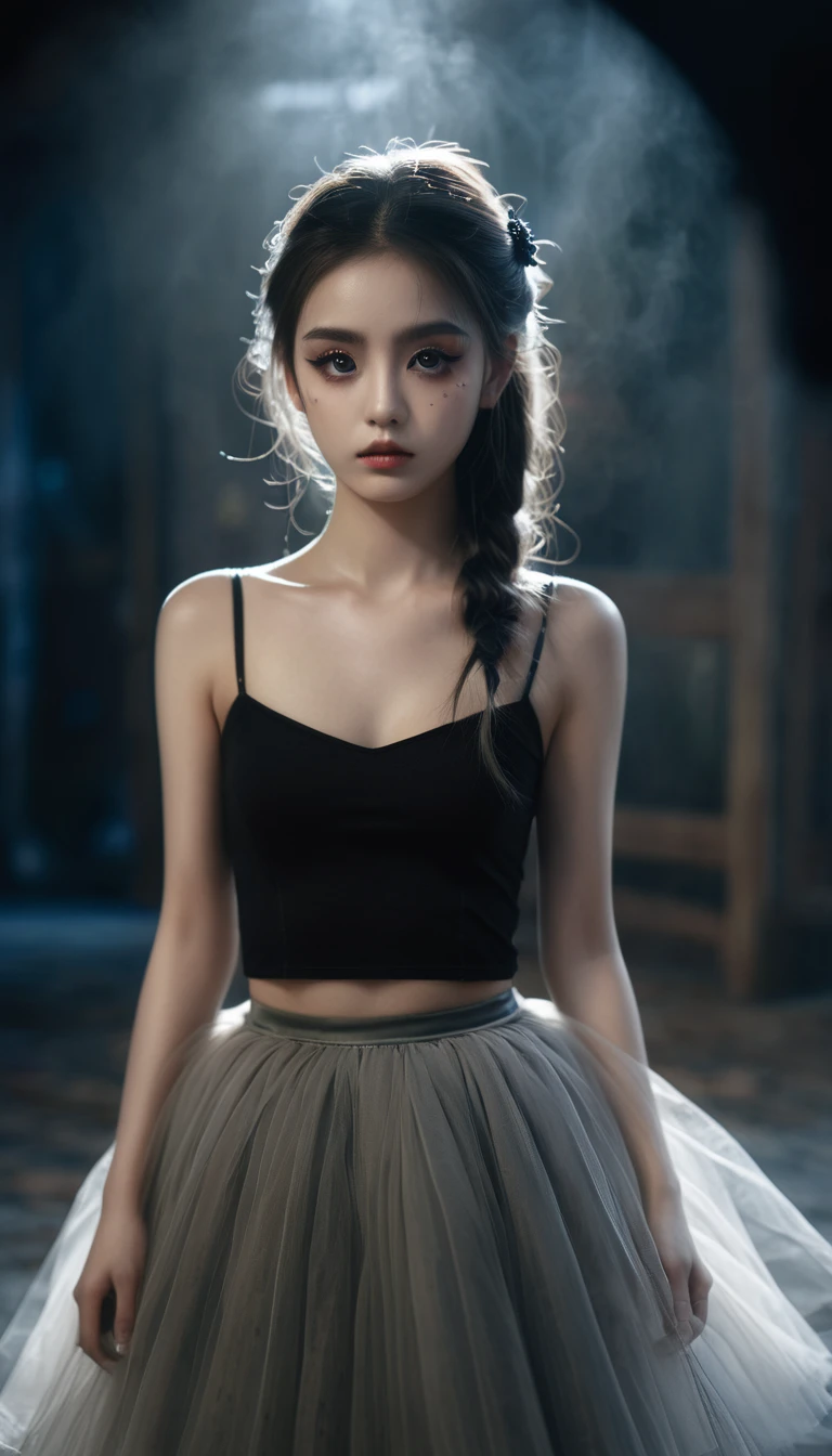 UHD, 8K, ultra detailed, a cinematic photograph of Dark Fantasy Art, a girl with Tulle skirt,making eye contact, dark, moody, dark fantasy style, beautiful lighting, great composition