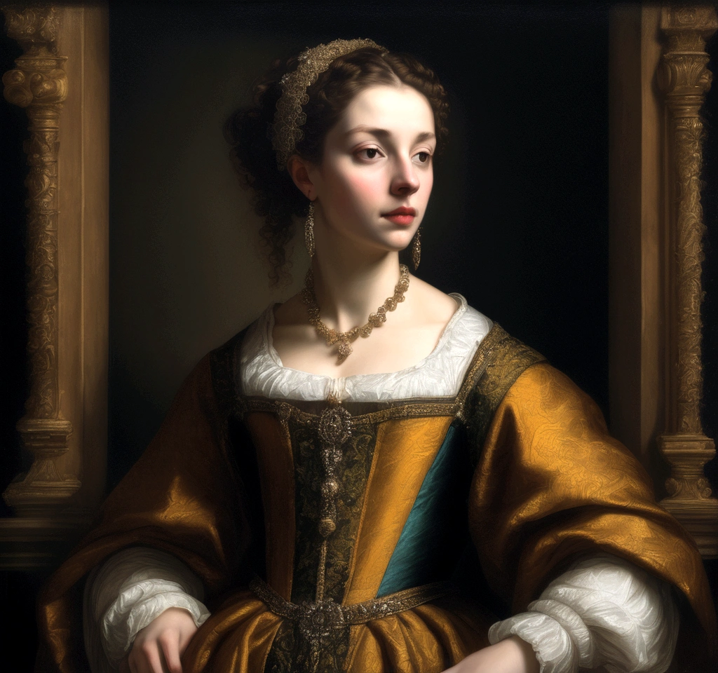 woman, Exhibitionism , masterpiece, 16th century painting, baroque style, Renaissance painting, lights and colors in the style of Rembrandt, dark backgrounds, antique painting effect, full details