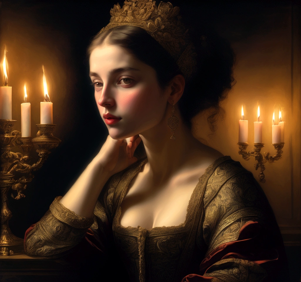 woman, Exhibitionism , masterpiece, 16th century painting, baroque style, Renaissance painting, lights and colors in the style of Rembrandt, dark backgrounds, antique painting effect, full details