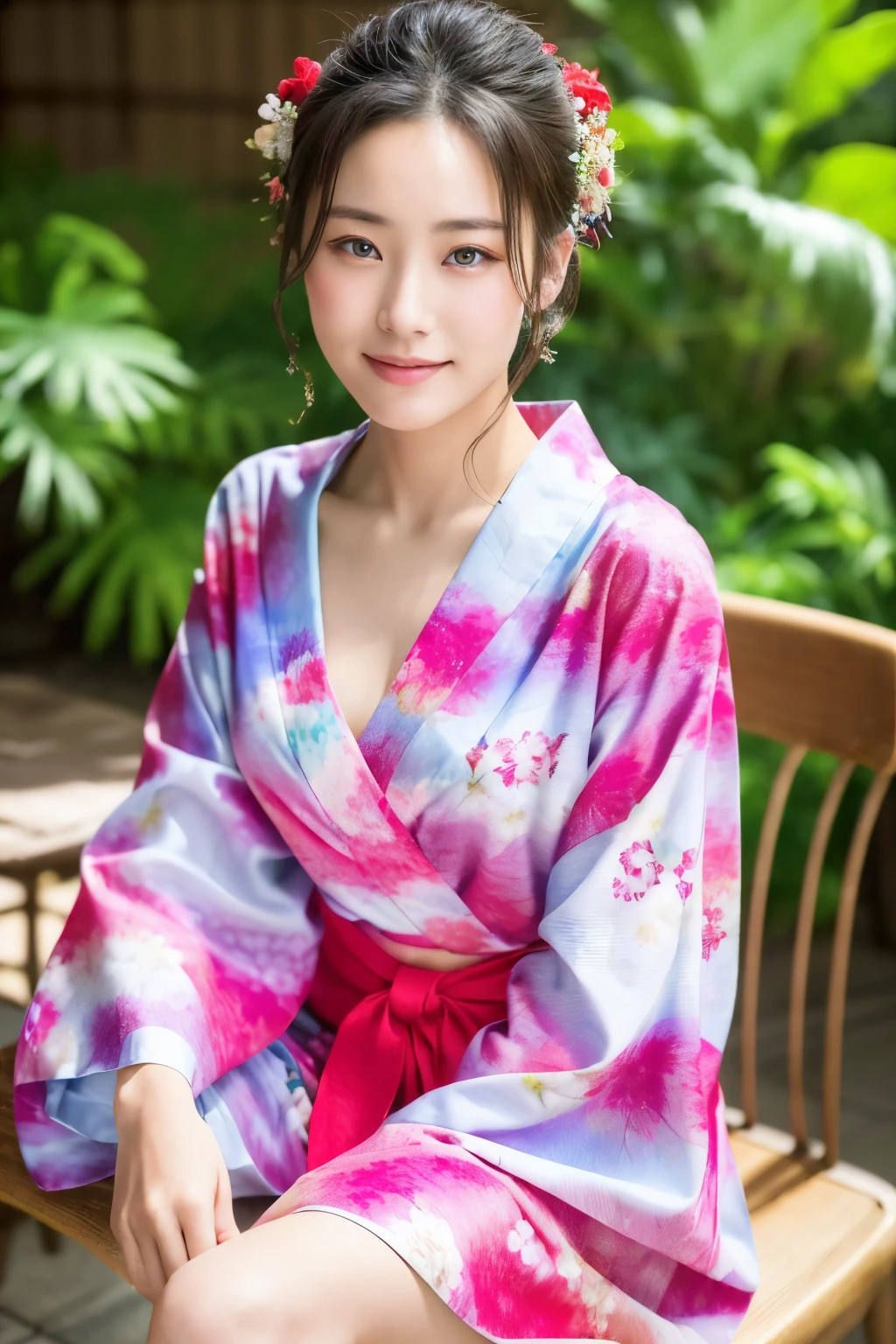 ((masterpiece、top-quality、ultra-definition、hight resolution))、solo、a beauty girl、radiant eyes、perfect eyes、Beautiful girl with Japan、18year old、natta、Yukata with red floral pattern、My chest fluttered、high-level image quality、4K、clean legs、sit a chair、