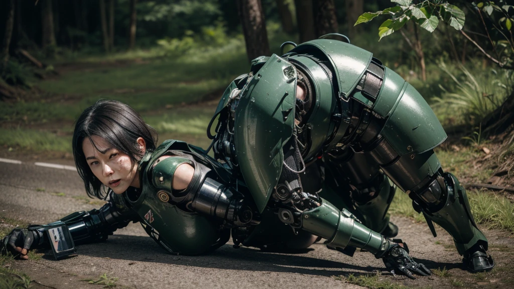 Textured skin, Super detailed, Attention to detail, high quality, 最high quality, High resolution, 1080P, hard disk, beautiful,(War Machine),beautiful cyborg middle aged woman,Mecha Cyborg Girl,(Dark green armor)((Major damage)),Woman with a mechanical body、She is wearing a futuristic combat weapon mecha,Full Body Shot、Soot on the face、Bitter Expressions、it hurts、A lot of sweat on the face、cute、gas mask、Lying on the ground、(Very cracked outfit)(Smoke from the whole body)、is visible、Full of body slander.、My whole body was injured.、Smoke comes from the whole body、Spread your legs、Collapse(Headgear split in half)、(Fall face down on the ground)