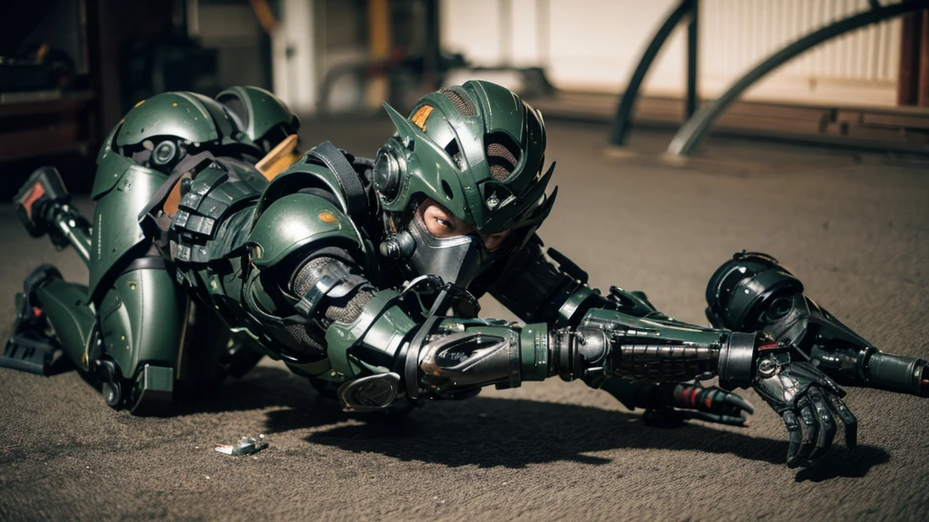 Textured skin, Super detailed, Attention to detail, high quality, 最high quality, High resolution, 1080P, hard disk, beautiful,(War Machine),beautiful cyborg middle aged woman,Mecha Cyborg Girl,(Dark green armor)((Major damage)),Woman with a mechanical body、She is wearing a futuristic combat weapon mecha,Full Body Shot、Soot on the face、Bitter Expressions、it hurts、A lot of sweat on the face、cute、gas mask、Lying on the ground、(Very cracked outfit)(Smoke from the whole body)、is visible、Full of body slander.、My whole body was injured.、Smoke comes from the whole body、Spread your legs、Collapse(Headgear split in half)、(Fall face down on the ground)