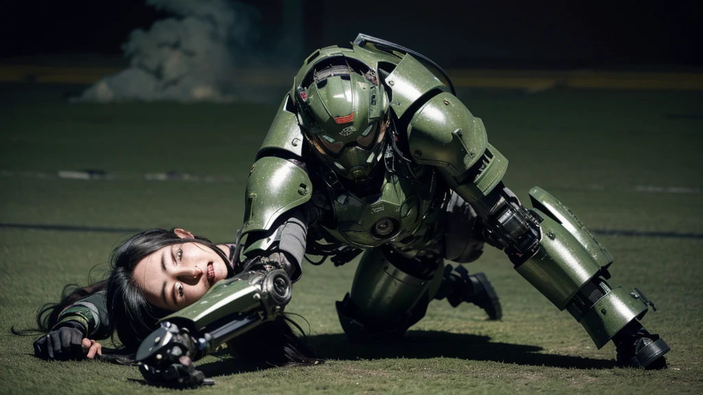 Textured skin, Super detailed, Attention to detail, high quality, 最high quality, High resolution, 1080P, hard disk, beautiful,(War Machine),beautiful cyborg middle aged woman,Mecha Cyborg Girl,(Dark green armor)((Major damage)),Woman with a mechanical body、She is wearing a futuristic combat weapon mecha,Full Body Shot、Soot on the face、Bitter Expressions、it hurts、A lot of sweat on the face、cute、gas mask、Lying on the ground、(Very cracked outfit)(Smoke from the whole body)、is visible、Full of body slander.、My whole body was injured.、Smoke comes from the whole body、Spread your legs、Collapse(Headgear split in half)、(Fall face down on the ground)