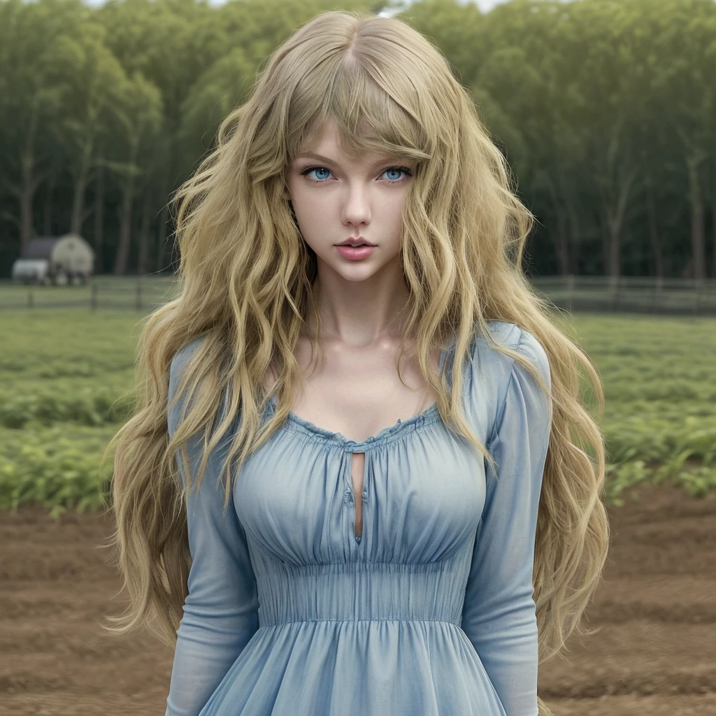 Take the cover of Taylor Swift's album, "Taylor Swift (Taylor's Version)," her with long curly blonde hair, blue eyes, She's on a farm looking around.