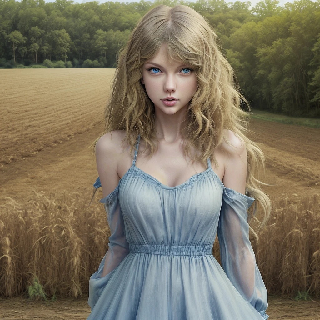 Take the cover of Taylor Swift's album, "Taylor Swift (Taylor's Version)," her with long curly blonde hair, blue eyes, She's on a farm looking around.