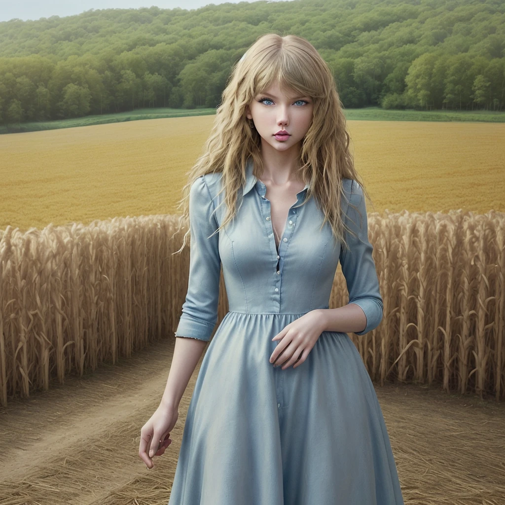 Take the cover of Taylor Swift's album, "Taylor Swift (Taylor's Version)," her with long curly blonde hair, blue eyes, She's on a farm looking around. 