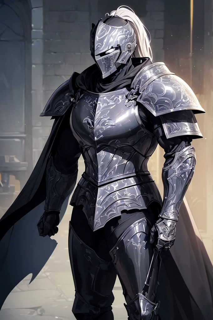 (masterpiece; best quality: 1.2), ((full armored knight man)), ((solo)), (black eyes: 1.4), (body; toned, lean, masculine: 1.3), (beautiful and clear background: 1.2), ((depth of field)), (equipment: full plate all-dark black-damascus realistic armor + closed helmet with ponytail + black cape: 1.3), (anime illustration: 1.2), (background composition; garden exterior + furniture: 1.1), (extremely fine and handsome: 1.1), (shot composition; standing + centered on torso + close-up: 1.5)