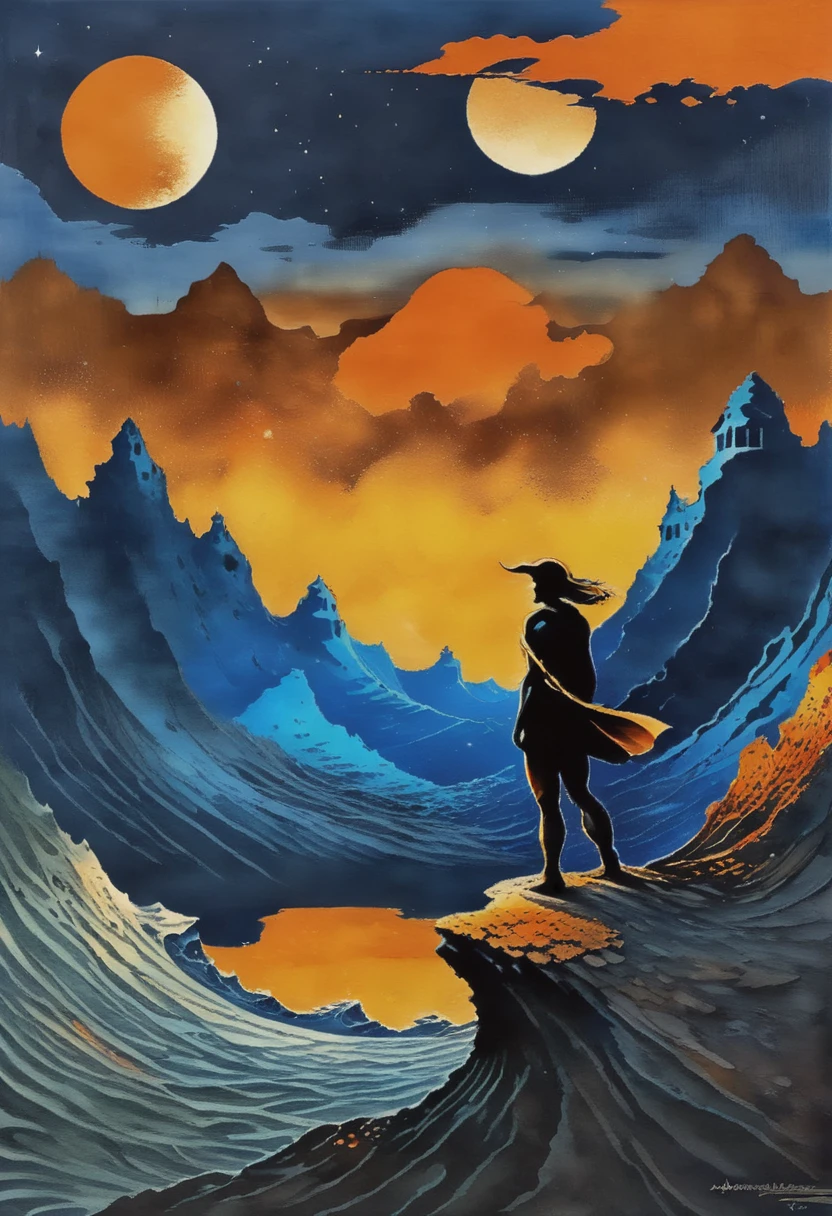 Wallpapers art by adam, in the style of surreal and dreamlike compositions, chiaroscuro woodcuts, mindbending sculptures, national geographic photo, realistic landscape painting, dark orange and dark blue, yey-catching compjsition