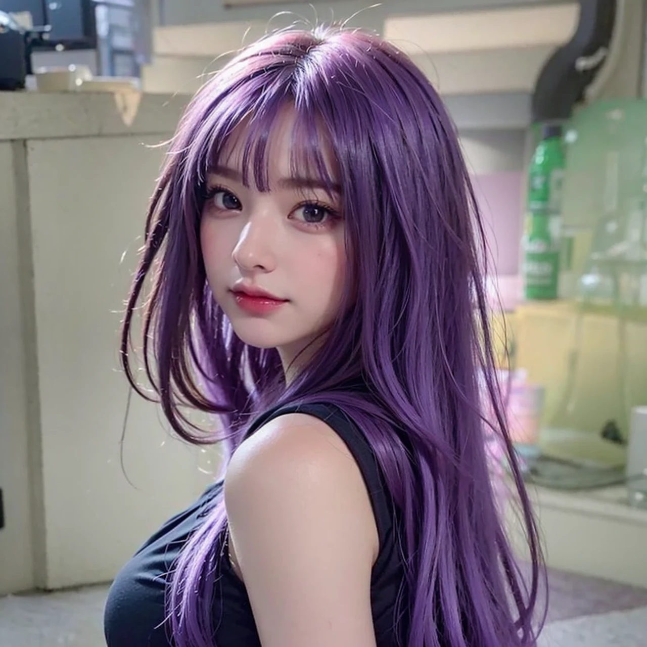 1girl with long hair and black dress standing in front of a door, anime girl wearing a black crop top, (Light purple hair), (Long hair), fair skin, purple eyes, pretty face, big breasts, cute face see-through bangs, (((Perfect))), Thin face, near future