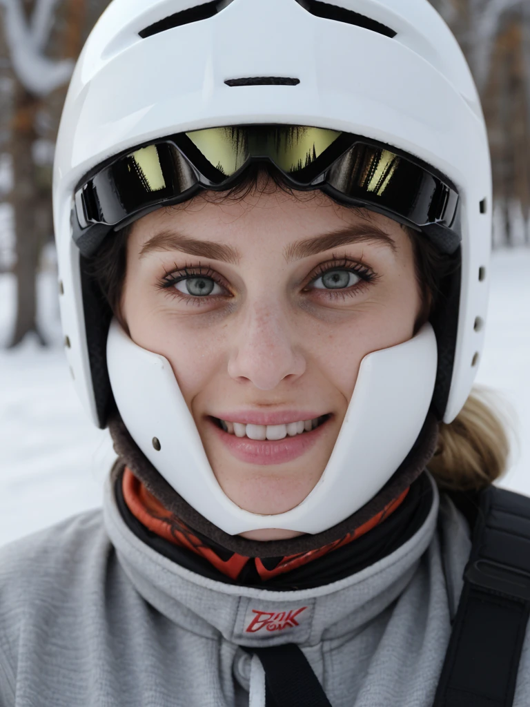 solo, photorealistic, wide shot, best quality, hyper detailed, 25 years old Circasssian woman, mature-looking face, boobies, high detailed deep wrinkles, beauty mark, intricate, (((messy bun blonde))), Circassian facial features, (((snowboard photo, snowboard and ski clothes in the mountain, 8k, super fine, beautiful dark hair, white fearitale, helmet off))), she is looking at the camera smiling