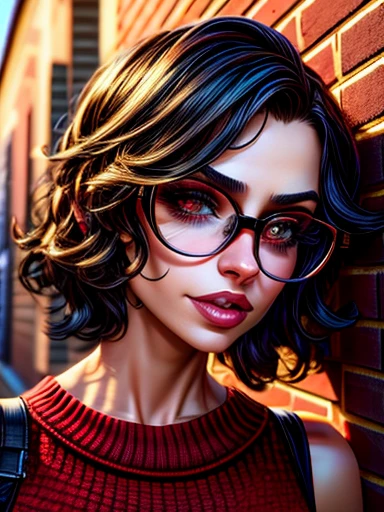 dynamic close-up of the upper part of 1 Extremely slim and beautiful woman, perfect body, shapely face, skin with highly detailed depth, she stands Against a brick wall, (haircut, wavy black hair), (detailed eyes , large, light brown and bright eyes, curled eyelashes, large glasses), (making a sensual pout with her mouth), wearing a short sweater showing shoulders, ultra realistic image vibrating and spiky, dynamic vision, high quality 32k, hyper-realistic, cinematic .