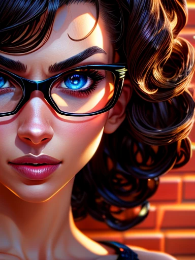 dynamic close-up of the upper part of 1 Extremely slim and beautiful woman, perfect body, shapely face, skin with highly detailed depth, she stands Against a brick wall, (haircut, wavy black hair), (detailed eyes , large, light brown and bright eyes, curled eyelashes, large glasses), (making a sensual pout with her mouth), wearing a short sweater showing shoulders, ultra realistic image vibrating and spiky, dynamic vision, high quality 32k, hyper-realistic, cinematic .
