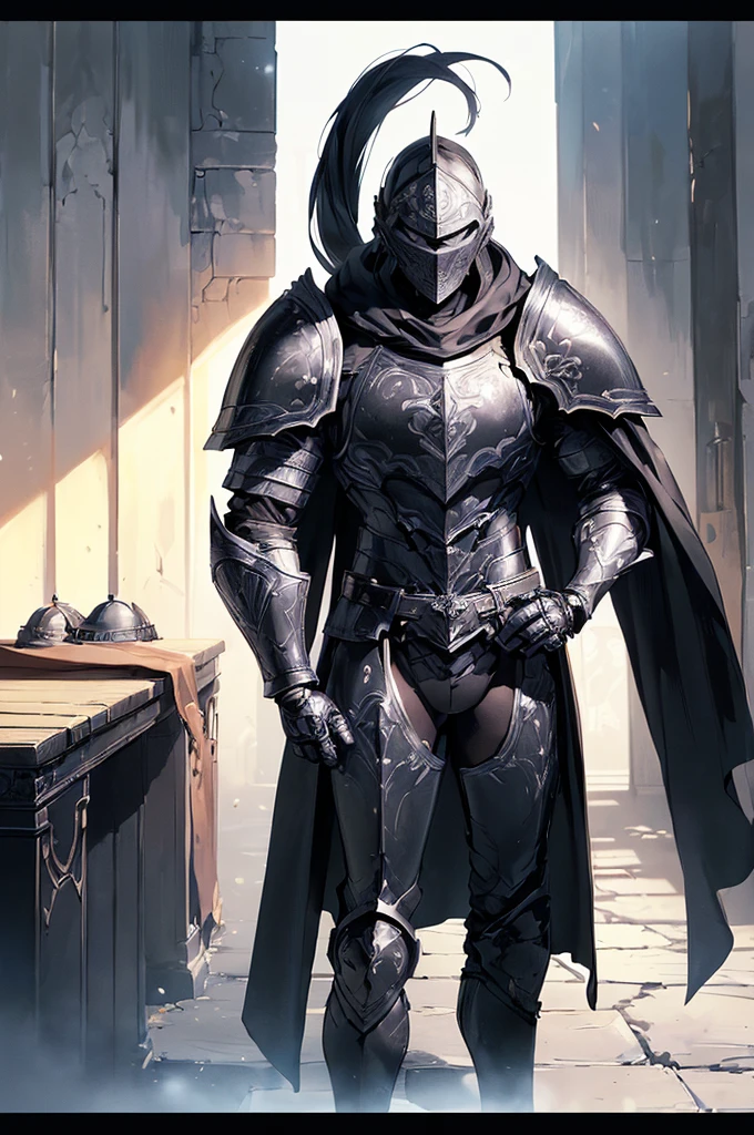 (masterpiece; best quality: 1.2), ((full armored knight man)), ((solo)), (black eyes: 1.4), (body; toned, lean, masculine: 1.3), (beautiful and clear background: 1.2), ((depth of field)), (equipment: full plate all-dark black-damascus realistic armor + closed helmet with ponytail + black cape: 1.3), (anime illustration: 1.2), (background composition; garden exterior + furniture: 1.1), (extremely fine and handsome: 1.1), (shot composition; standing + centered on torso + close-up: 1.5)