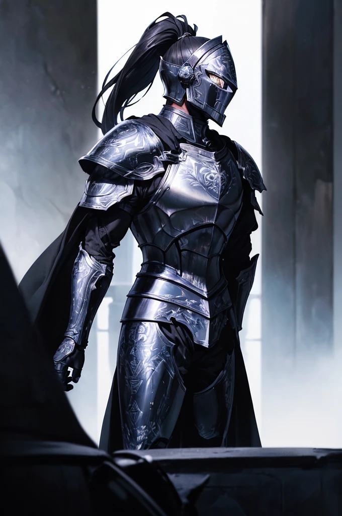 (masterpiece; best quality: 1.2), ((full armored knight man)), ((solo)), (black eyes: 1.4), (body; toned, lean, masculine: 1.3), (beautiful and clear background: 1.2), ((depth of field)), (equipment: full plate all-dark black-damascus realistic armor + closed helmet with ponytail + black cape: 1.3), (anime illustration: 1.2), (background composition; garden exterior + furniture: 1.1), (extremely fine and handsome: 1.1), (shot composition; standing + centered on torso + close-up: 1.5)