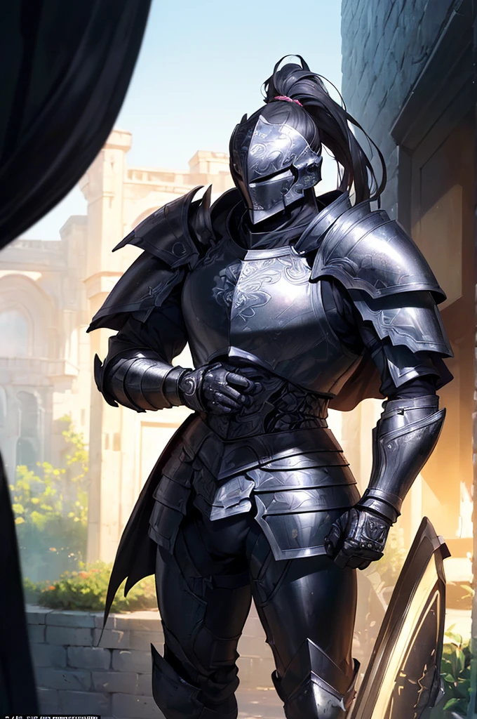 (masterpiece; best quality: 1.2), ((full armored knight man)), ((solo)), (black eyes: 1.4), (body; toned, lean, masculine: 1.3), (beautiful and clear background: 1.2), ((depth of field)), (equipment: full plate all-dark black-damascus realistic armor + closed helmet with ponytail + black cape: 1.3), (anime illustration: 1.2), (background composition; garden exterior + furniture: 1.1), (extremely fine and handsome: 1.1), (shot composition; standing + centered on torso + close-up: 1.5)