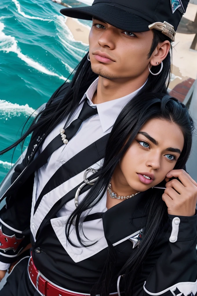 Create a screenshot of an oc from My Hero Academia A Law Girl, pearl colored eyes, moreno, long black rocker hair, tongue piercing, Eyebrow, ears, plump but strong at the same time, with normal uniform, What if his gift is with water and sharks?, shark teeth and necklaces 

