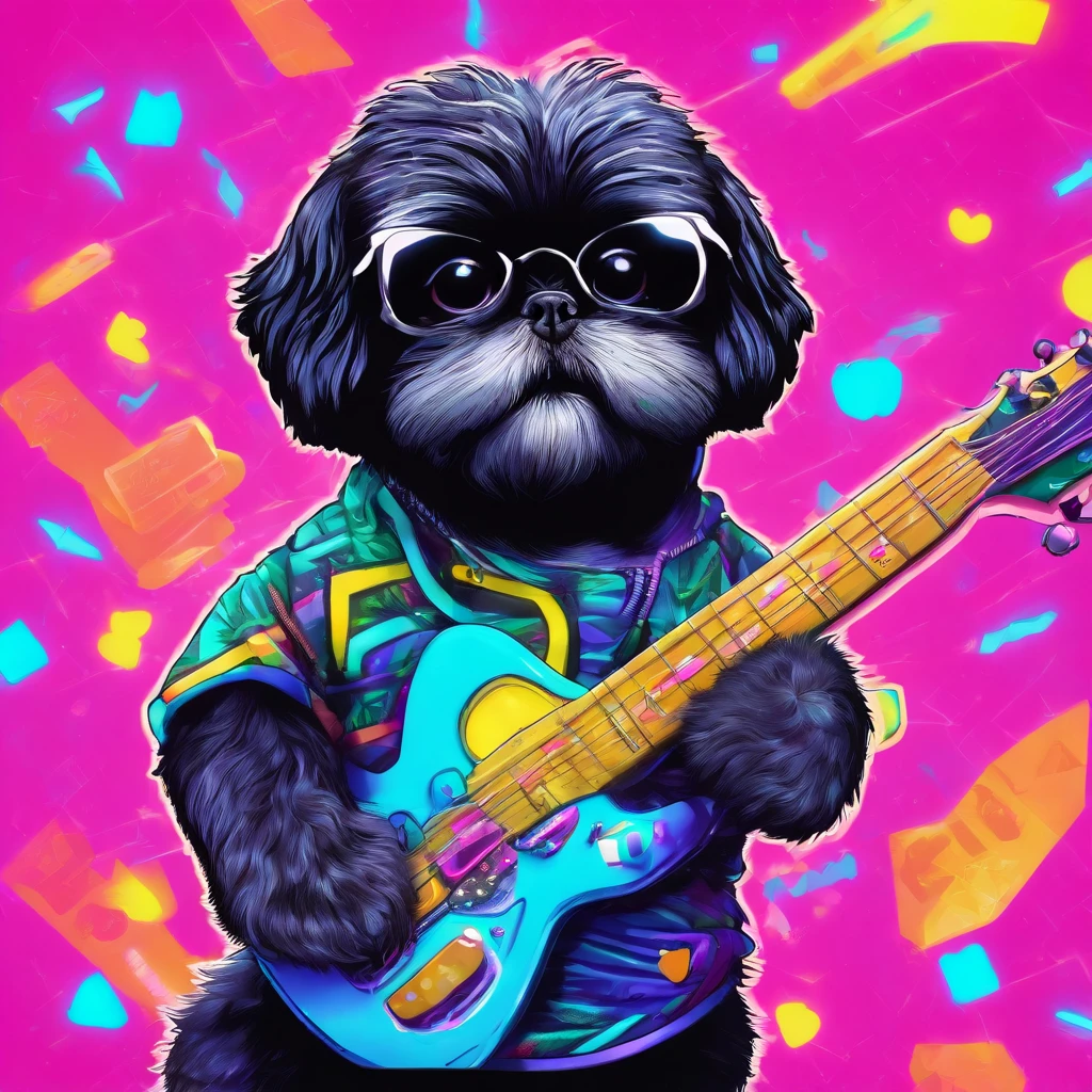 Adorable small black happy Shih Tzu puppy playing guitar wearing sun glasses Pixar style cartoon 3D