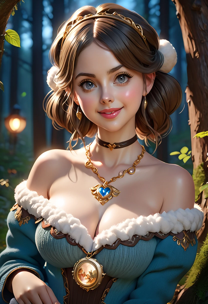 masterpiece, best quality, highly detailed, 1girl, solo, twintails, off-shoulder sweater, choker, large glasses, gold locket, jacket, hairband, looking at viewer, smile, blush, Wide Smile, Eyes Detailed & Wide, sexy Pose. Ultra HD, Rococo-Inspired Fantasy Art With Intricate Details. Cute, Charming Expression, Alluring-Gaze, looking at viewer Beautiful Eyes, An-Ideal-Figure. Large Youthful Well-Shaped-Breasts, Massive-Round-Bosom, Décolletage. slim waist, fit body, full lipsWarm lights , woman in a dreamy forest at night, with fluffy hair, delicate face, realistic, real, slim, large aperture, sexy shots, attractive poses,Stunnin gly beautiful merge of Scarlett Johanson. Alison Brie, Selena Gomez. symmetrical face, photorealistic, photography, path tracing, specular lighting, volumetric face light, path traced hairmaximum quality{(masutepiece) (8K High Resolution) (top-quality) In the style of breath of the wild.
