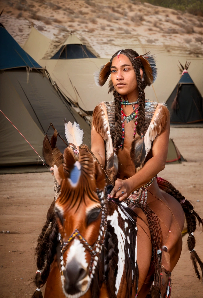 Cute 19 year old brunette girl, dressed as naked Native American, (((showing sexy pussy))), (((shaved pussy))), (((large plume of feathers on the head))), naked, tousled hair with feathers, (((braids hairstyle))), (((riding on her pinto horse))), hunting with her bow and arrow, tomahawk, sexy body, in the desert, (((in Indian camp))), (((shooting an arrow))), general shot