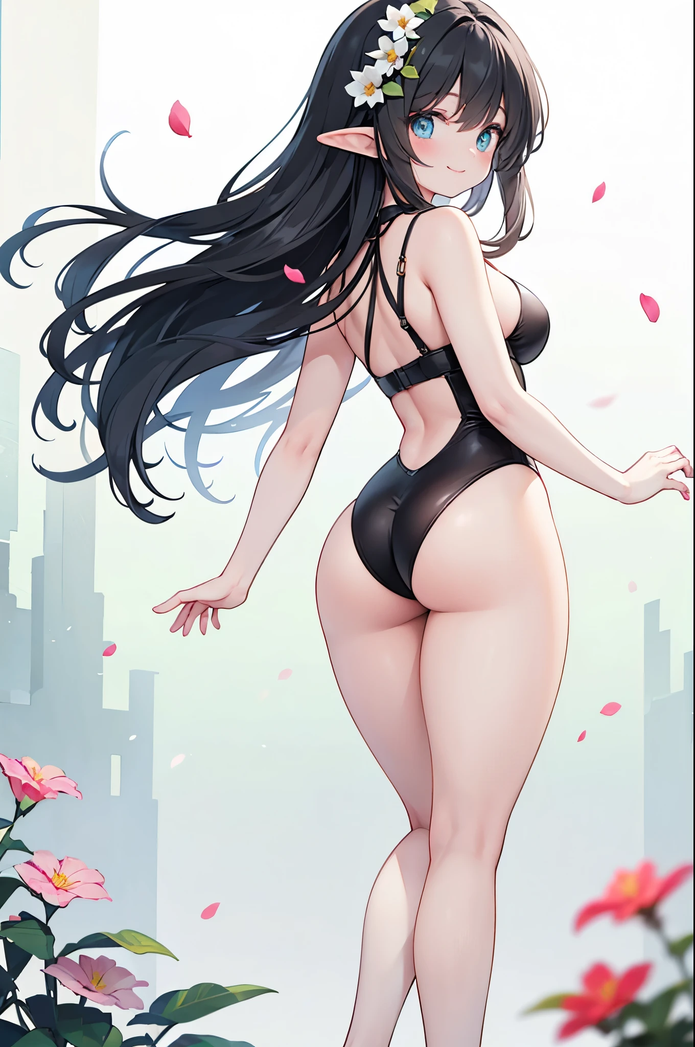 realistic image, detailed image, coherent image, 1 elf, has very long hair, black hair, turquoise eyes, smiling, showing her legs, She has a curvy body, medium breasts and thick thighs, She is posing sensually, arching her back , sprouting buttocks, full body view, flower petals falling, background surrounded by flowers, soft focus, dramatic shadows, volumetric lighting, natural lighting, artificial lighting, white background, from behind