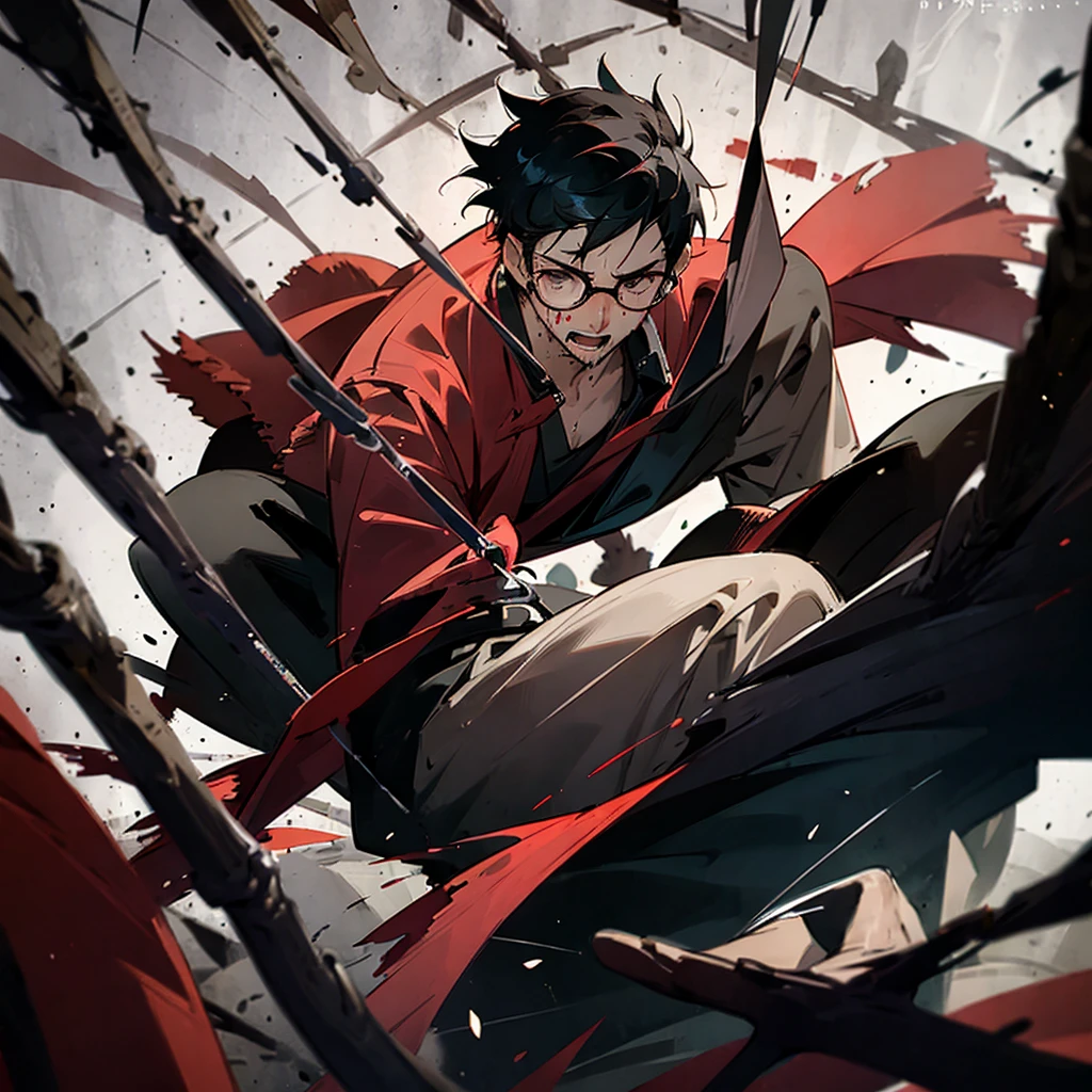 best qualityer, high resolution, boy, round glasses, black hair, bleeding, going crazy,HDR, barba
