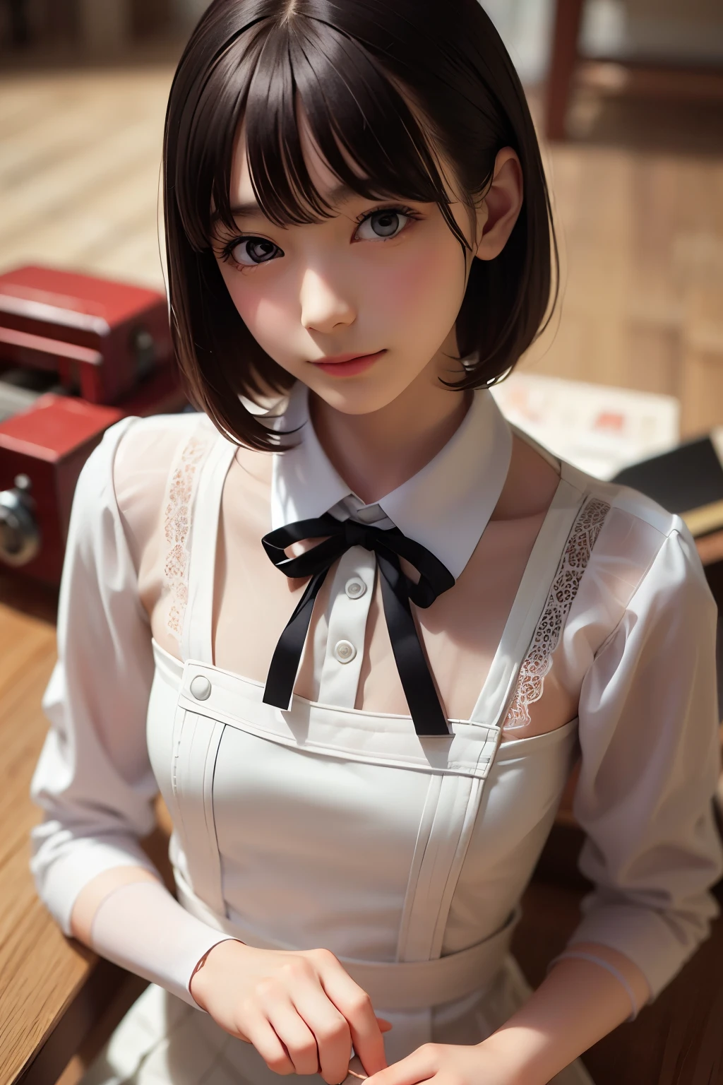 detailed face, cute face, ((masterpiece, Highest quality)), (One girl), (alone), (Focus on women), night (Chainsaw Man),(Highly detailed face, The real picture, Realistic white skin, Realistic body, Intricate details), Upper Body, Severe , Brown eyes, Looking at the audience, bandage over the body, Black Hair, Long sleeve shirt, Pinafore dress, Black tie, bandage, bandage, Small breasts