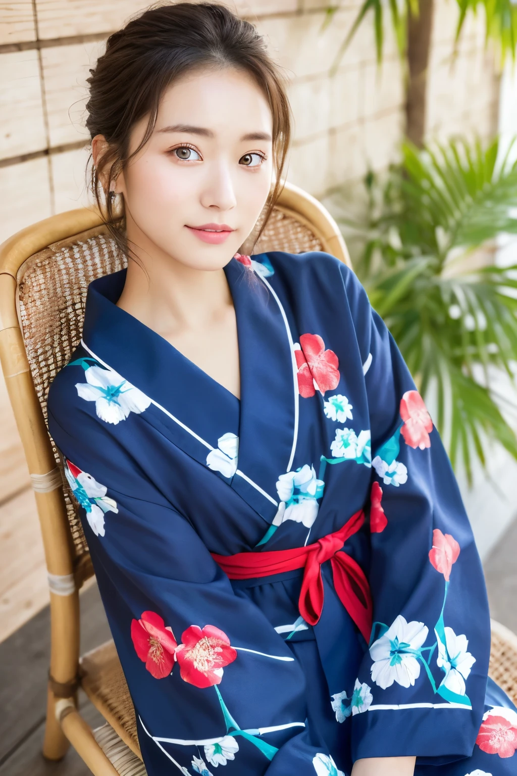 ((​masterpiece、top-quality、ultra-definition、hight resolution))、solo、a beauty girl、radiant eyes、perfect  eyes、Beautiful girl with Japan、18year old、natta、Yukata with red floral pattern、My chest fluttered、high-level image quality、4K、clean legs、sit a chair、