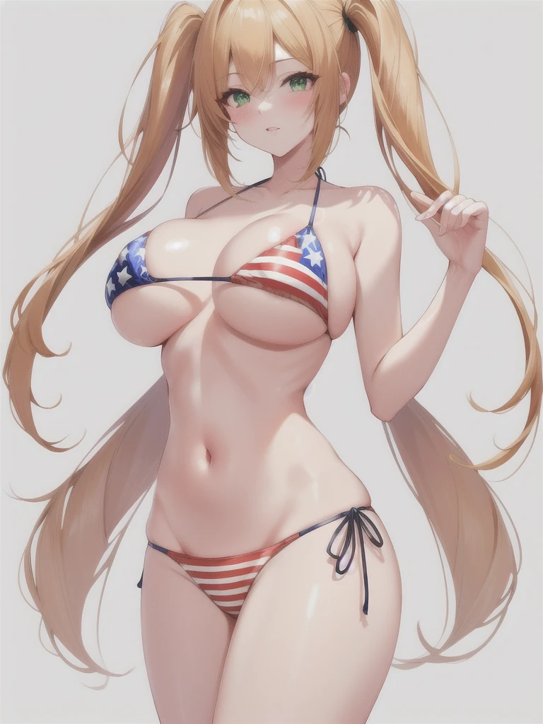 large breasts,show off nipples,cowboy shot, solo, monica_adenauer, green eyes, twintails,blonde hair, long hair,America flag bikini , simple background, highres, Digital art, trending on artstation, best quality, insanely detailed, masterpiece, stunning environment, wide-angle,