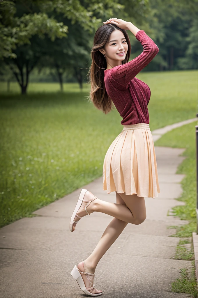 (best quality,4k,8k,highres,masterpiece:1.2),ultra-detailed,realistic,portrait:1.37,subtle colors,soft lighting,((The girl who is skipping)), a strong wind blows and peeks inside her skirt rolled up, she holds her skirt down in a panic, garden scenery,beautiful detailed eyes,beautiful detailed lips,shy smile,fresh and vibrant spring flowers,golden sunlight filtering through the trees,gentle breeze rustling the leaves,pink cherry blossoms blooming,playful and innocent expression,dappled light illuminating the girl's face,long flowing hair,slender figure,grass tickling the girl's feet,peaceful atmosphere,delicate brushstrokes,impressionistic style,subtle shades of green and pink,Obscene and sensational composition,palettes of pastels and warm tones,faint aroma of flowers in the air, very low angle, back Full body wide shot, waist focus