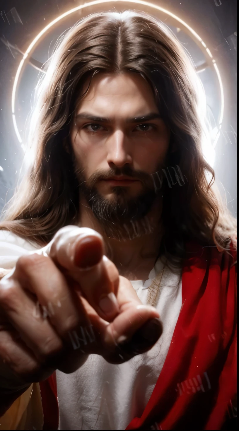 "A stylized image of Jesus Christ with long hair and a beard. He wears a white tunic with a red cloak. There&#39;s a luminous halo around your head. His facial expression is serious and intense, and he&#39;s pointing straight ahead, with his hand extended in a gesture of summons."