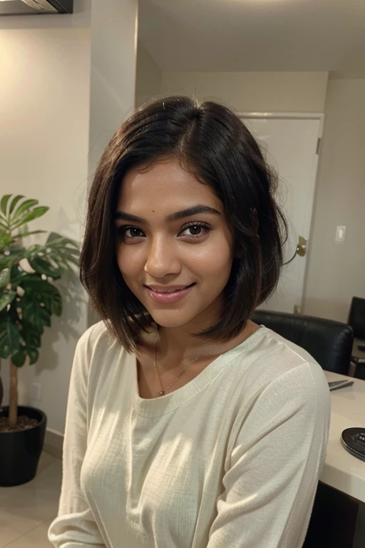 realistic photo, photo of a beautiful girl with short Long Bob style hair, looking at the viewer, Indian descent, green eyes, dark skin, influencer, without makeup, Instagram, smiling