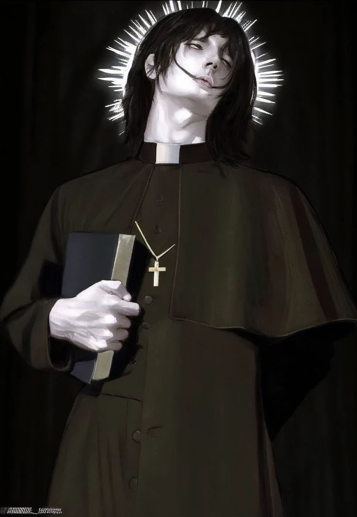 masterpiece, best quality, ultra-detailed illustration (((priest, young man,))) nsfw, tucking up the hem of his dress to show his crotch, small penis, erection, blush, expression of shame, masturbation