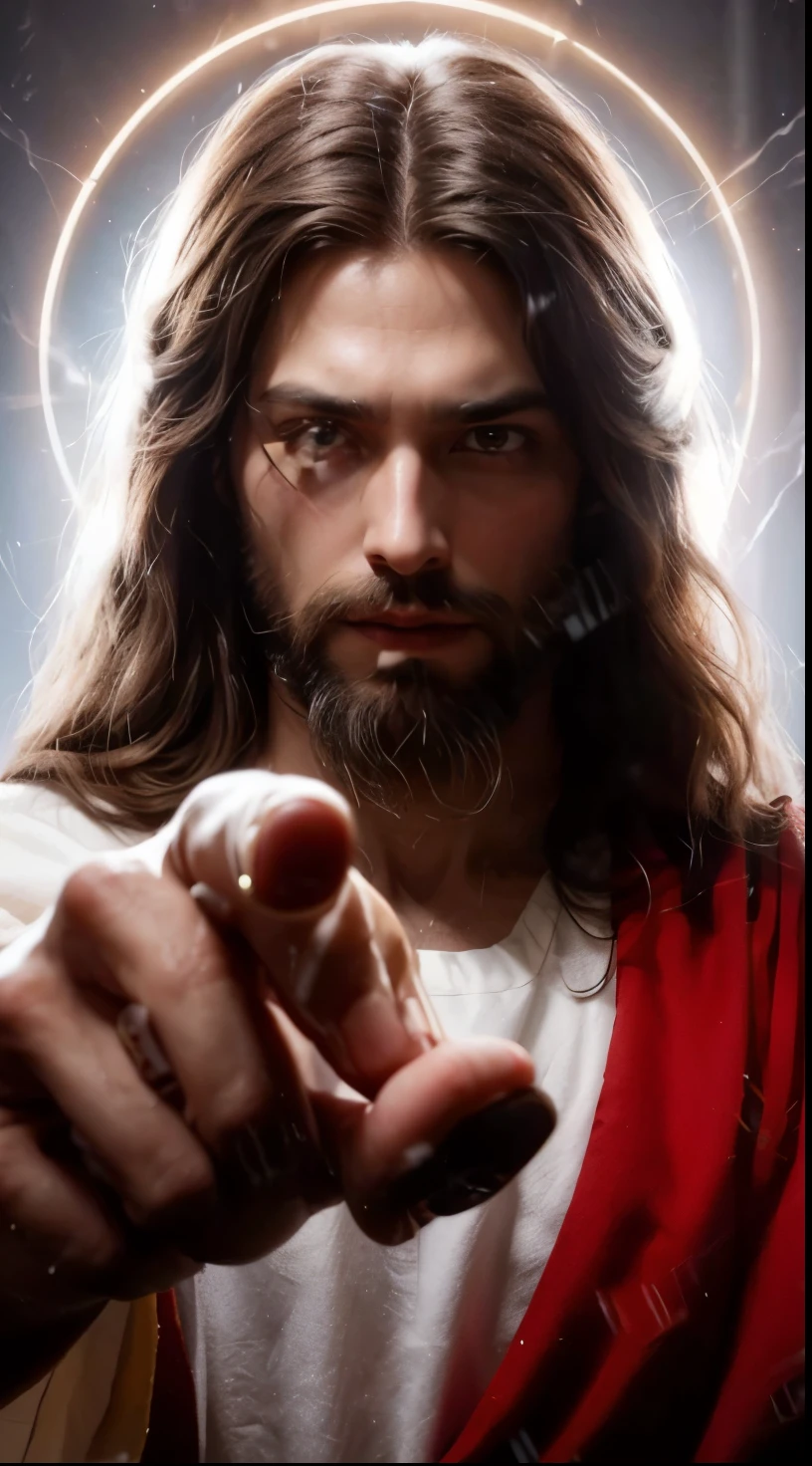 "A stylized image of Jesus Christ with long hair and a beard. He wears a white tunic with a red cloak. There&#39;s a luminous halo around your head. His facial expression is serious and intense, and he&#39;s pointing straight ahead, with his hand extended in a gesture of summons."