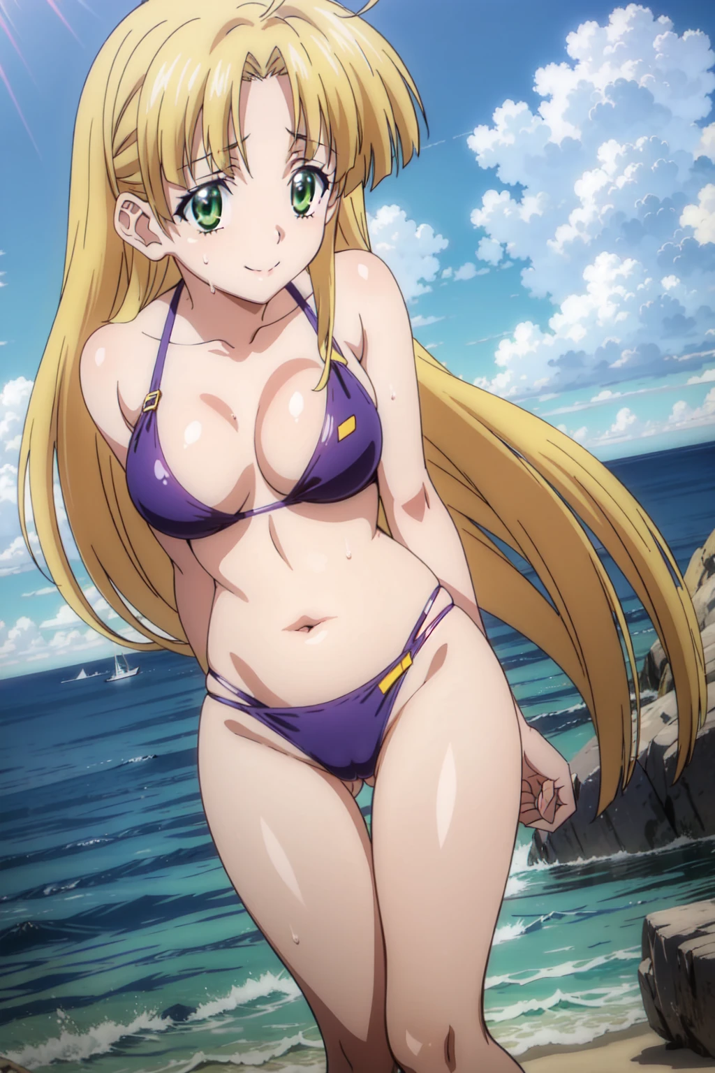 eft_dxd_blonde, 1girl, solo, green eyes, long hair, blonde hair, ahoge,breasts, very long hair, bangs, Smiling, looking at the viewer, blue theme, blue background, cloudy sky, sunlight, sweat, orgasmic, bikini swimsuit, medium breasts, cleavage, belly button exposed, collarbone, thighs, sea and beach,