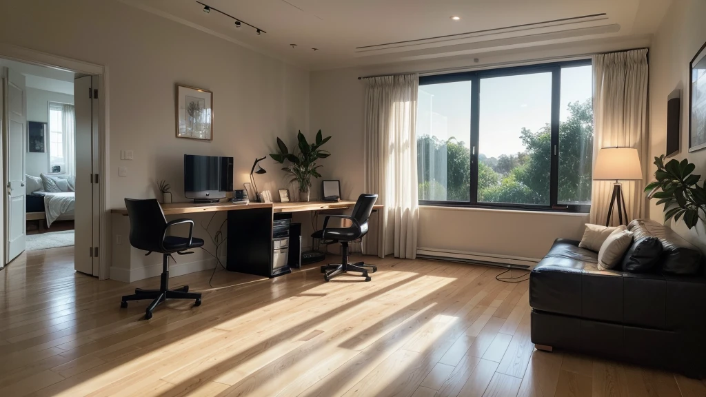 A modern home office setup, captured in an ultra-realistic and cinematic medium, features a sleek, minimalist black desk and chair, surrounded by lush green plants, which add a touch of natural elegance. A warm, yellow table lamp softly illuminates the space, casting a cozy glow on the dark, rich wood flooring. As the sun sets, the warm, orange-tinged evening light peeks through the window, subtly highlighting the state-of-the-art computer and accessories, creating a peaceful, focused atmosphere, perfect for a productive evening work session.
