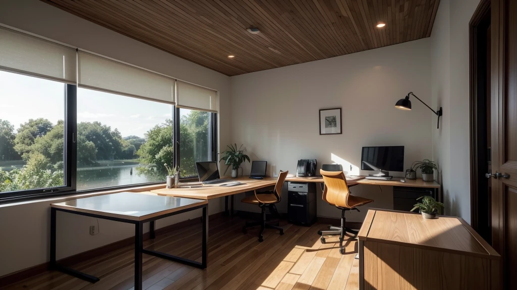 A modern home office setup, captured in an ultra-realistic and cinematic medium, features a sleek, minimalist black desk and chair, surrounded by lush green plants, which add a touch of natural elegance. A warm, yellow table lamp softly illuminates the space, casting a cozy glow on the dark, rich wood flooring. As the sun sets, the warm, orange-tinged evening light peeks through the window, subtly highlighting the state-of-the-art computer and accessories, creating a peaceful, focused atmosphere, perfect for a productive evening work session.