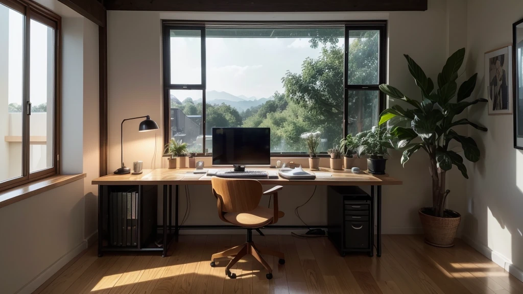 A modern home office setup, captured in an ultra-realistic and cinematic medium, features a sleek, minimalist black desk and chair, surrounded by lush green plants, which add a touch of natural elegance. A warm, yellow table lamp softly illuminates the space, casting a cozy glow on the dark, rich wood flooring. As the sun sets, the warm, orange-tinged evening light peeks through the window, subtly highlighting the state-of-the-art computer and accessories, creating a peaceful, focused atmosphere, perfect for a productive evening work session.