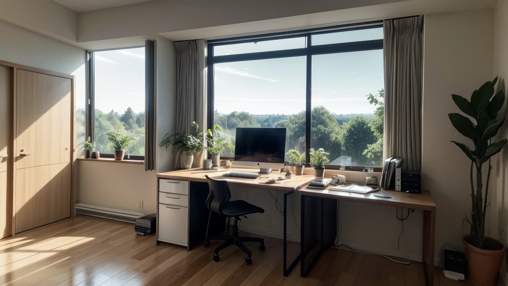A modern home office setup, captured in an ultra-realistic and cinematic medium, features a sleek, minimalist black desk and chair, surrounded by lush green plants, which add a touch of natural elegance. A warm, yellow table lamp softly illuminates the space, casting a cozy glow on the dark, rich wood flooring. As the sun sets, the warm, orange-tinged evening light peeks through the window, subtly highlighting the state-of-the-art computer and accessories, creating a peaceful, focused atmosphere, perfect for a productive evening work session.