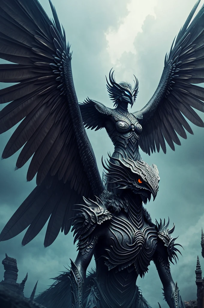 A large, fantastical creature with multiple eyes and wings, against a blurred, ethereal background