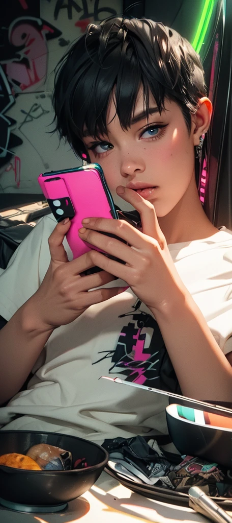 HD, (Best details) (best quality), Ms. Alfie wearing sunglasses sitting on sofa chair, (((Graffiti Art))), (((Trigger Studio Style, Graffiti Art, Rock Punk, Neon Colors))), Kahn Griffiths