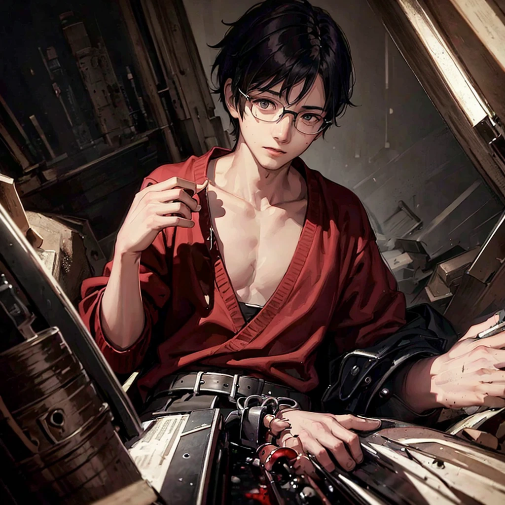 best qualityer, high resolution, boy, round glasses, black hair, bleeding, going crazy,HDR, barba