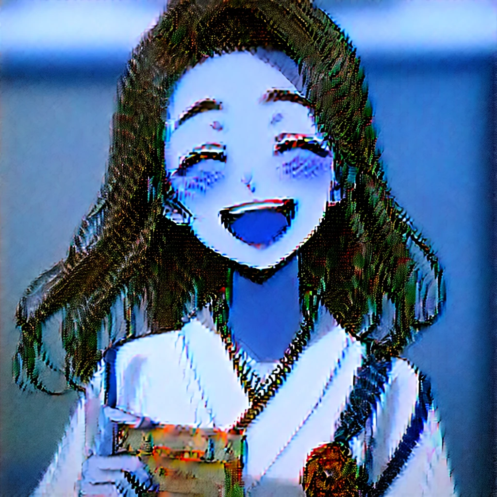 Very beautiful 18 year old Japanese woman, holding old cassette tape, cassette tape facing front, woman looks very happy.